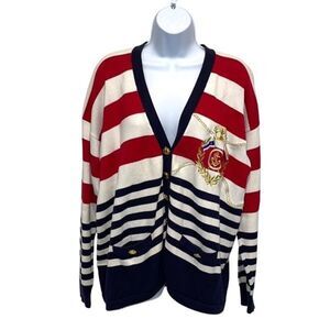 Tara Vanessa Paris Nautical Embroidered Detailed Striped Button Front Cardigan L